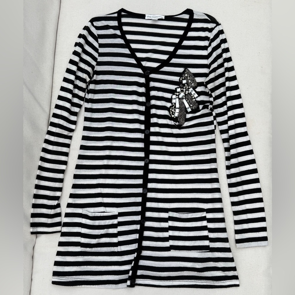 Free Generation Black and White Striped Cardigan with Bow Detail - Size S